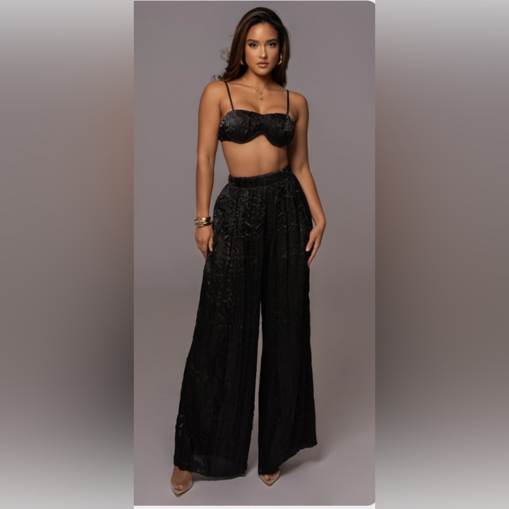 JLUXLABEL Black Textured Wide Leg Jumpsuit